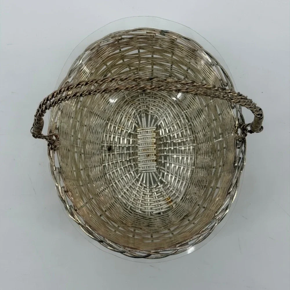 Vintage Silver Tone Woven Wire Oval Basket with Swing Handle and Liner